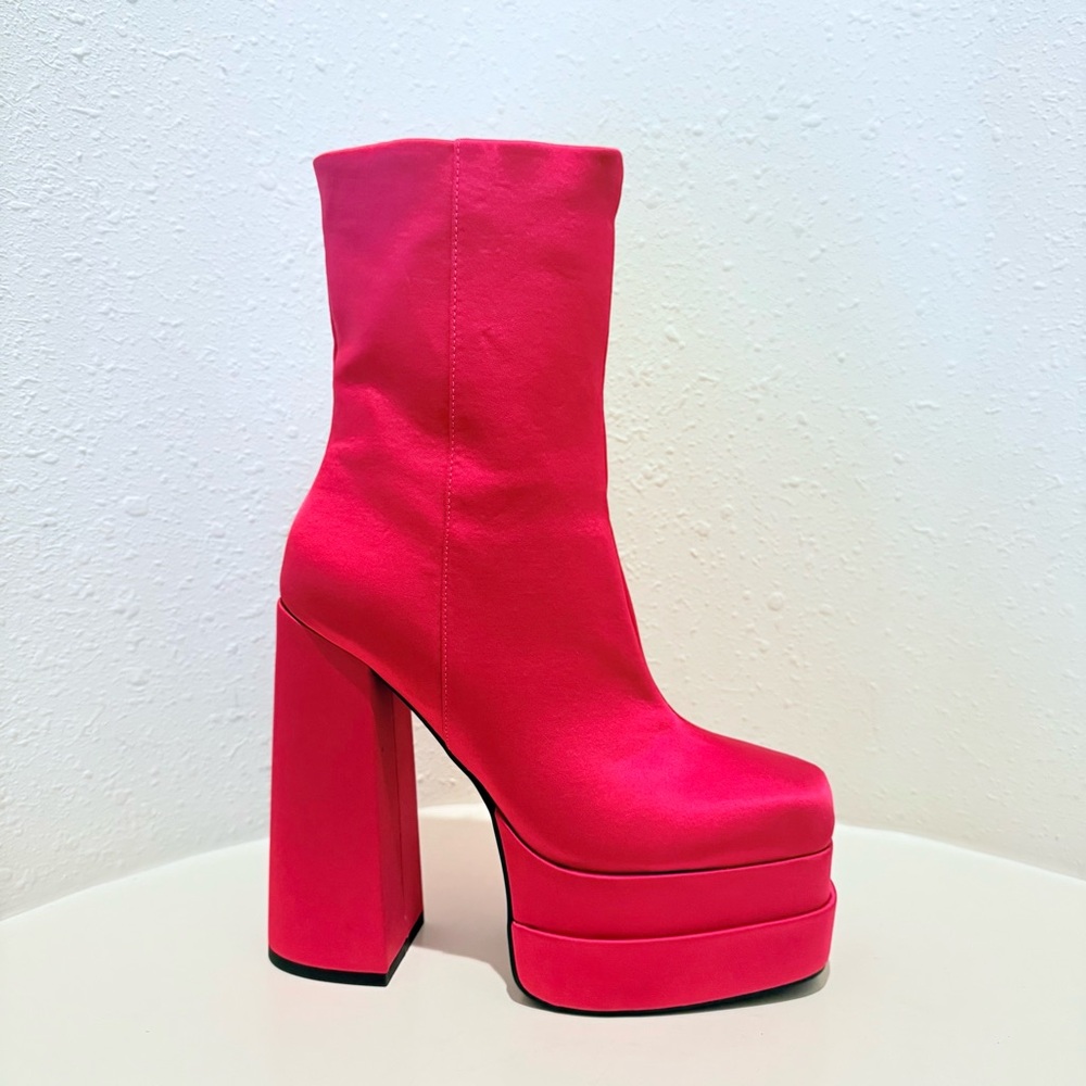 ASOS Fuchsia Satin Square Toe Hi Block Heel Platform Boots Sz 9 NWT - Picture 5 of 13